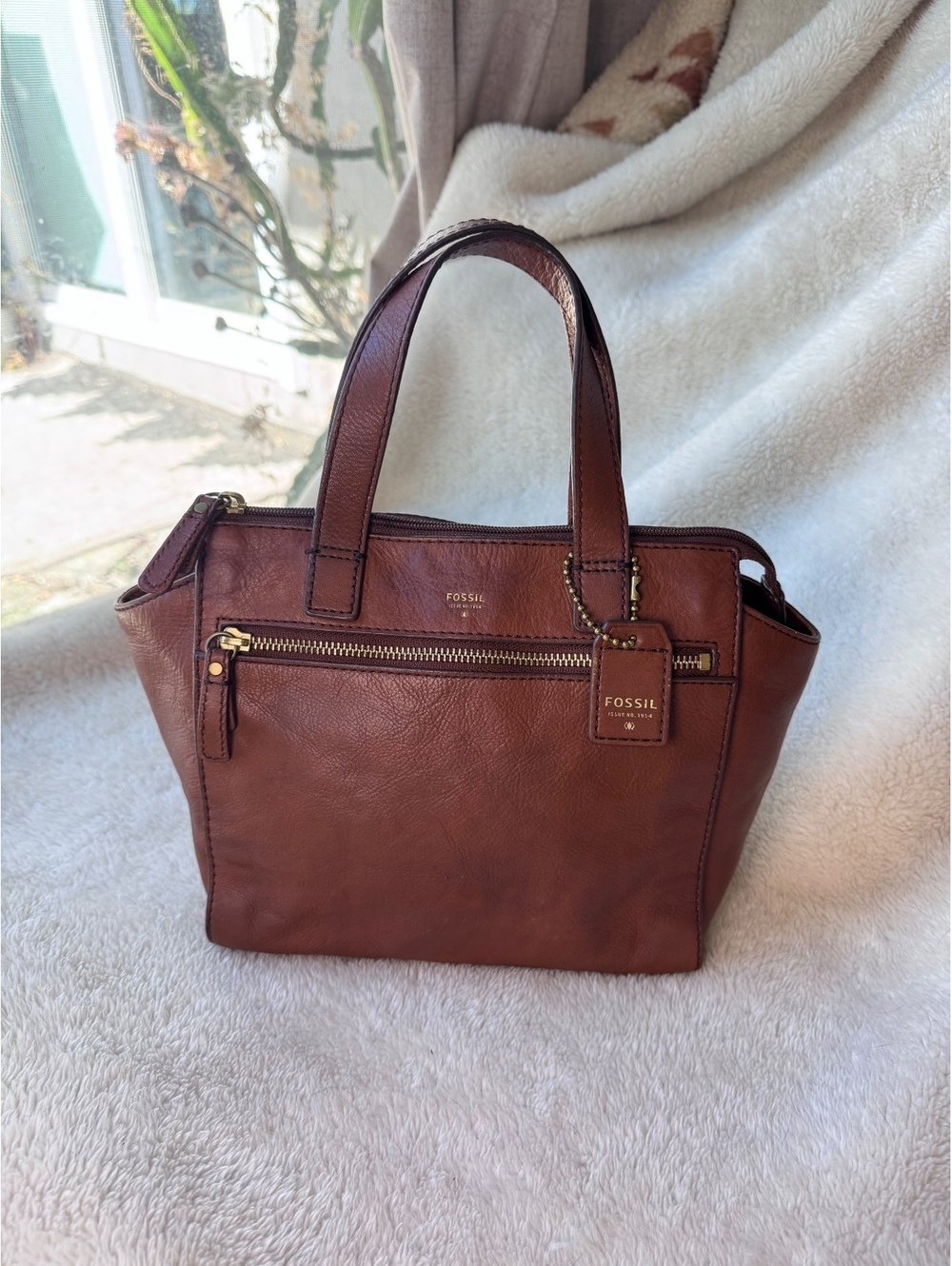 Fossil Tessa Leather Satchel Bag Handbag - Chestnut Brown Gold Hardware